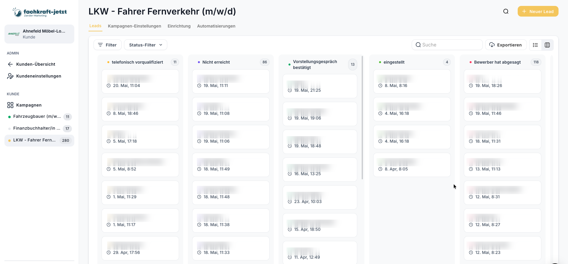 Lead-Tabelle der Ahnefeld-LKW-Kampagne mit Bewerbern, Namen aus Datenschutzgründen unkenntlich gemacht
